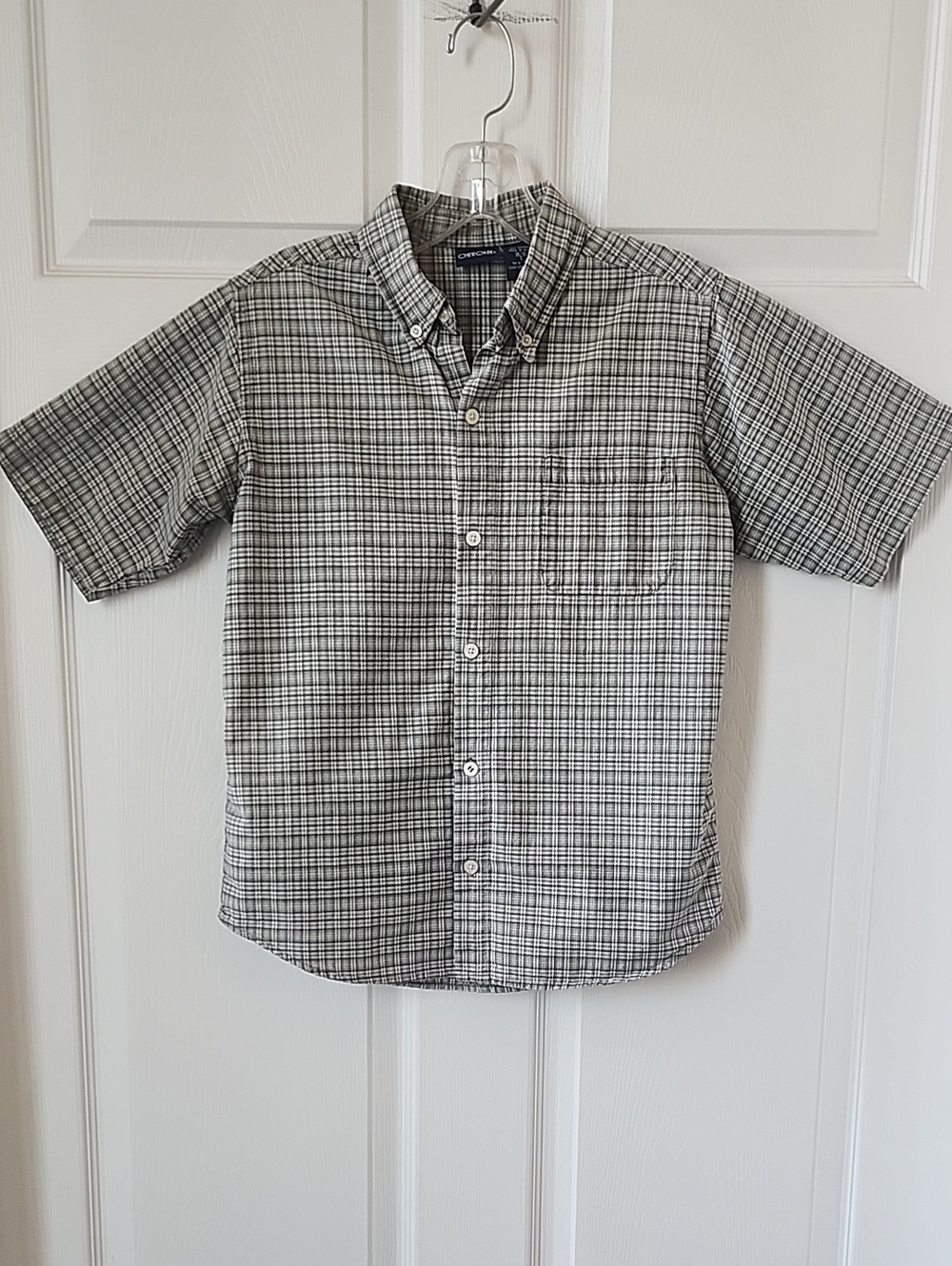 Cherokee Short Sleeve Button-Down Plaid Shirt - Gray/Black - Size L 10/12